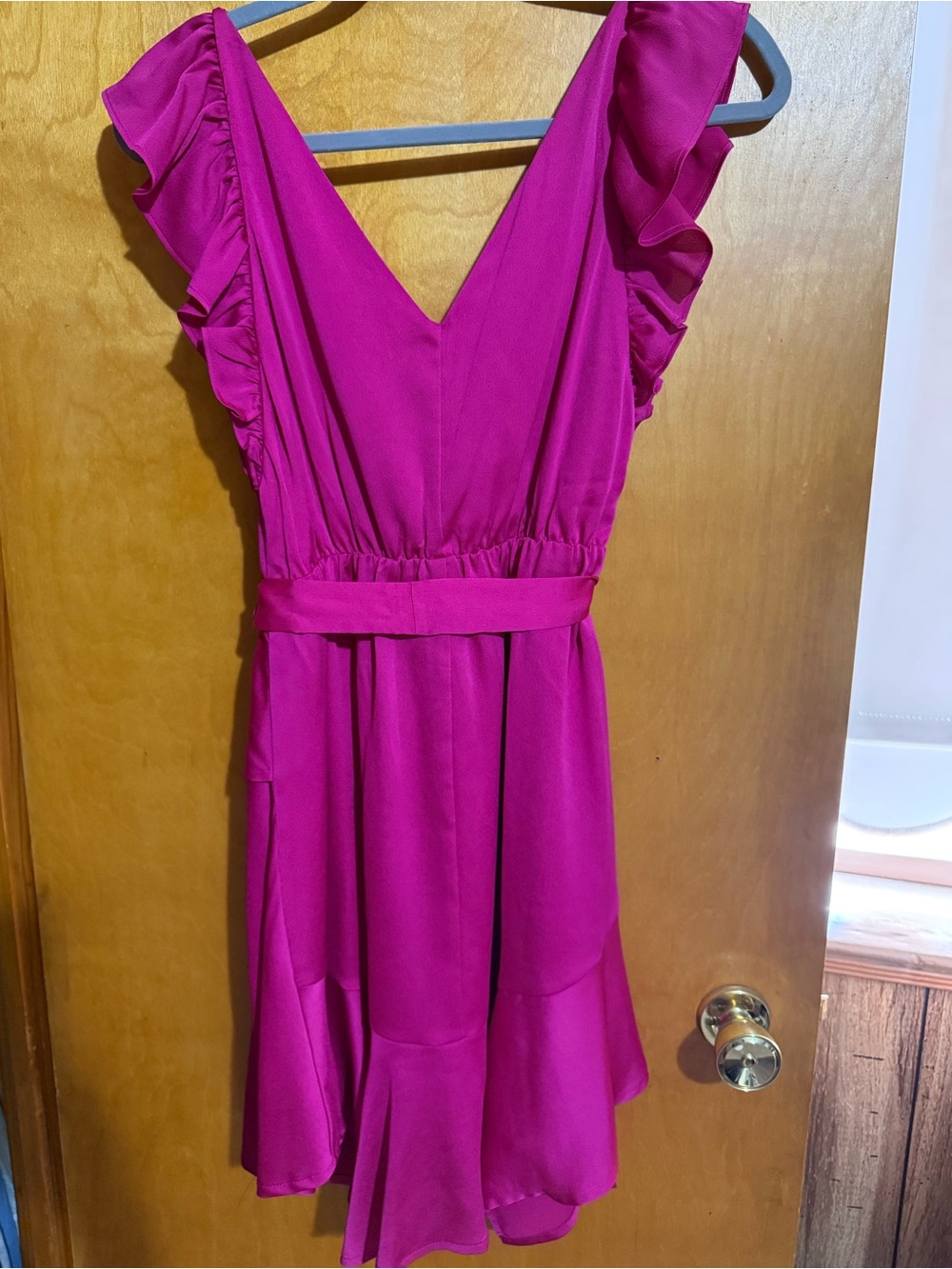 Express Fuchsia Ruffle Wrap Mini Dress - Picture 2 of 3